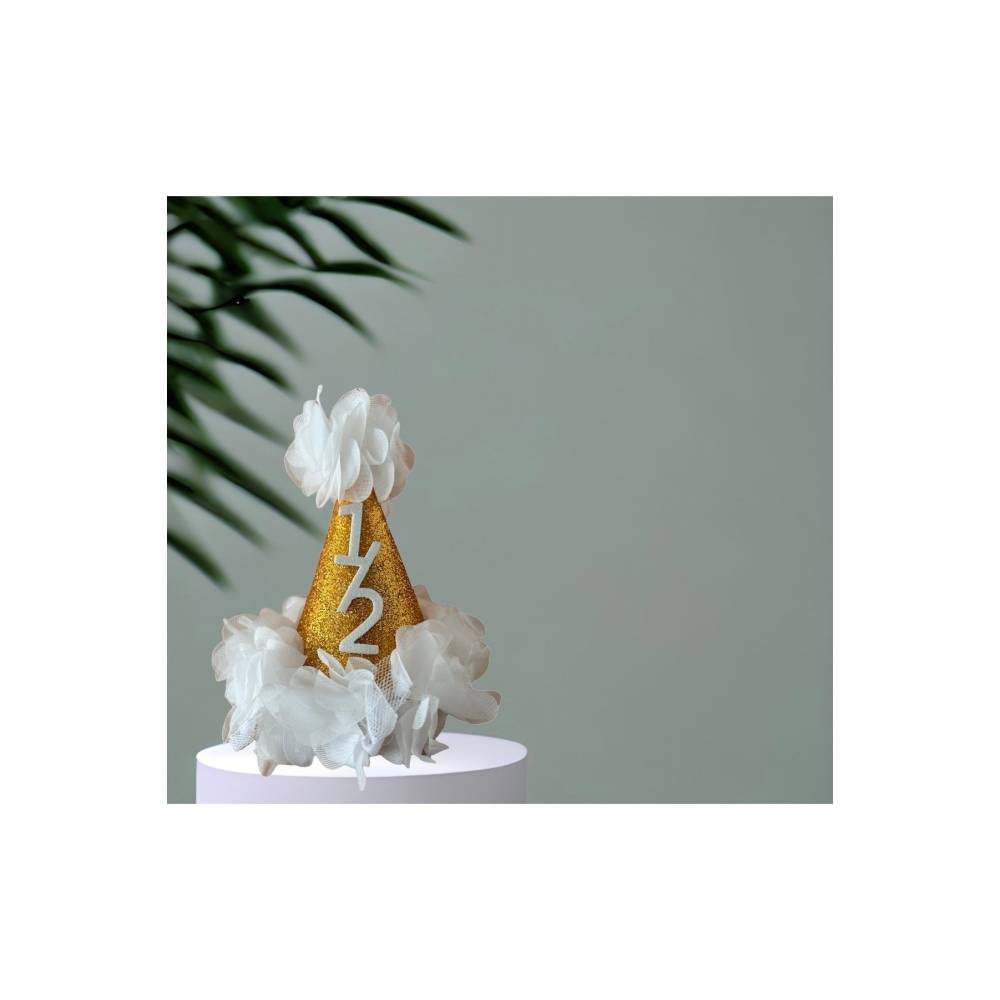 Yarım Yaş 6 Ay Kınası Simli Gold Beyaz Şapka Taç