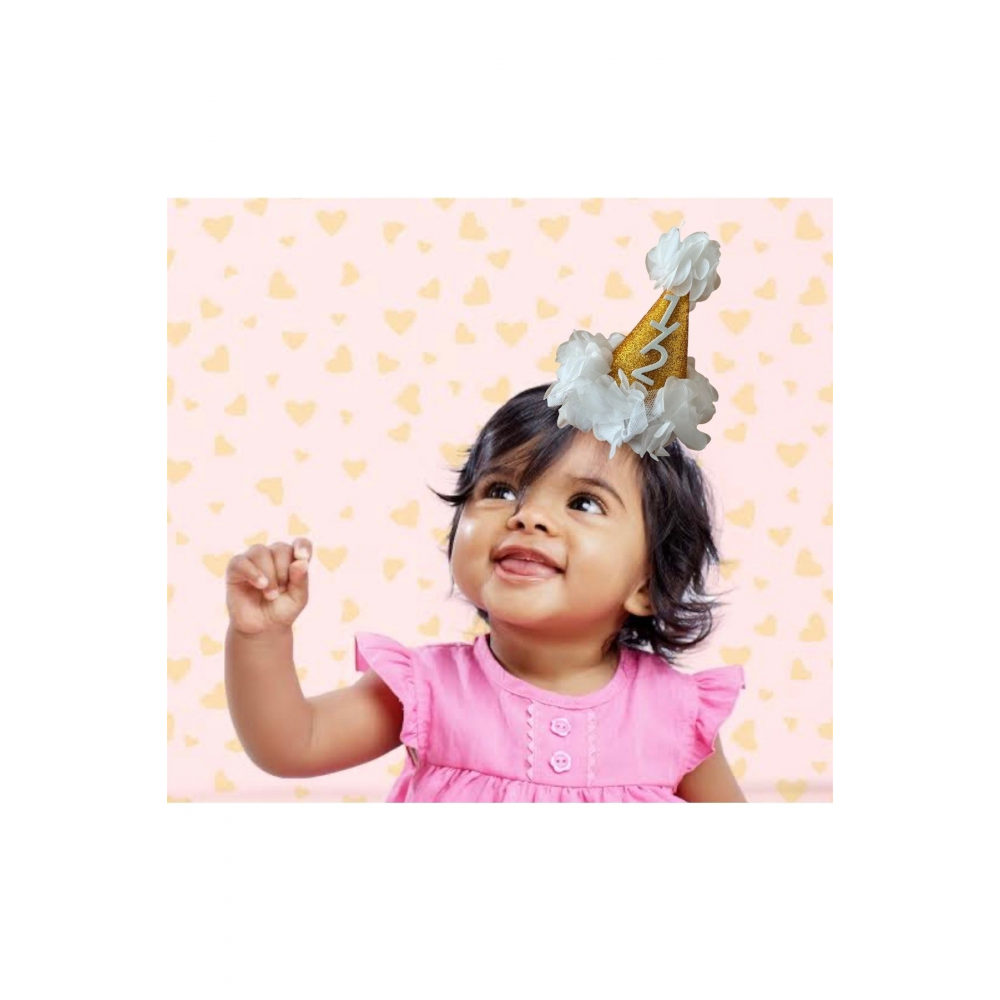 Yarım Yaş 6 Ay Kınası Simli Gold Beyaz Şapka Taç