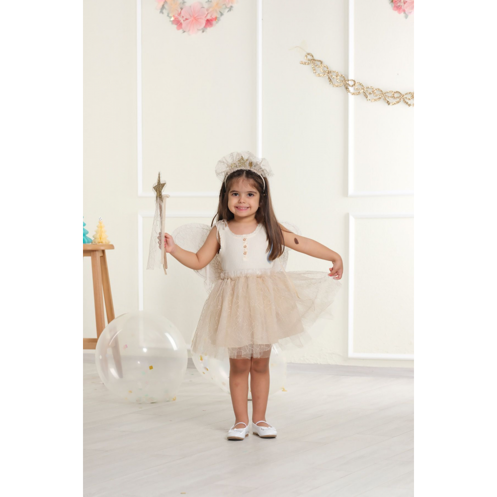Kelebek Kanat Etek Taç Ve Yıldız Asa Lux-4 Parça / 1-4 Yaş -ekru Renk
