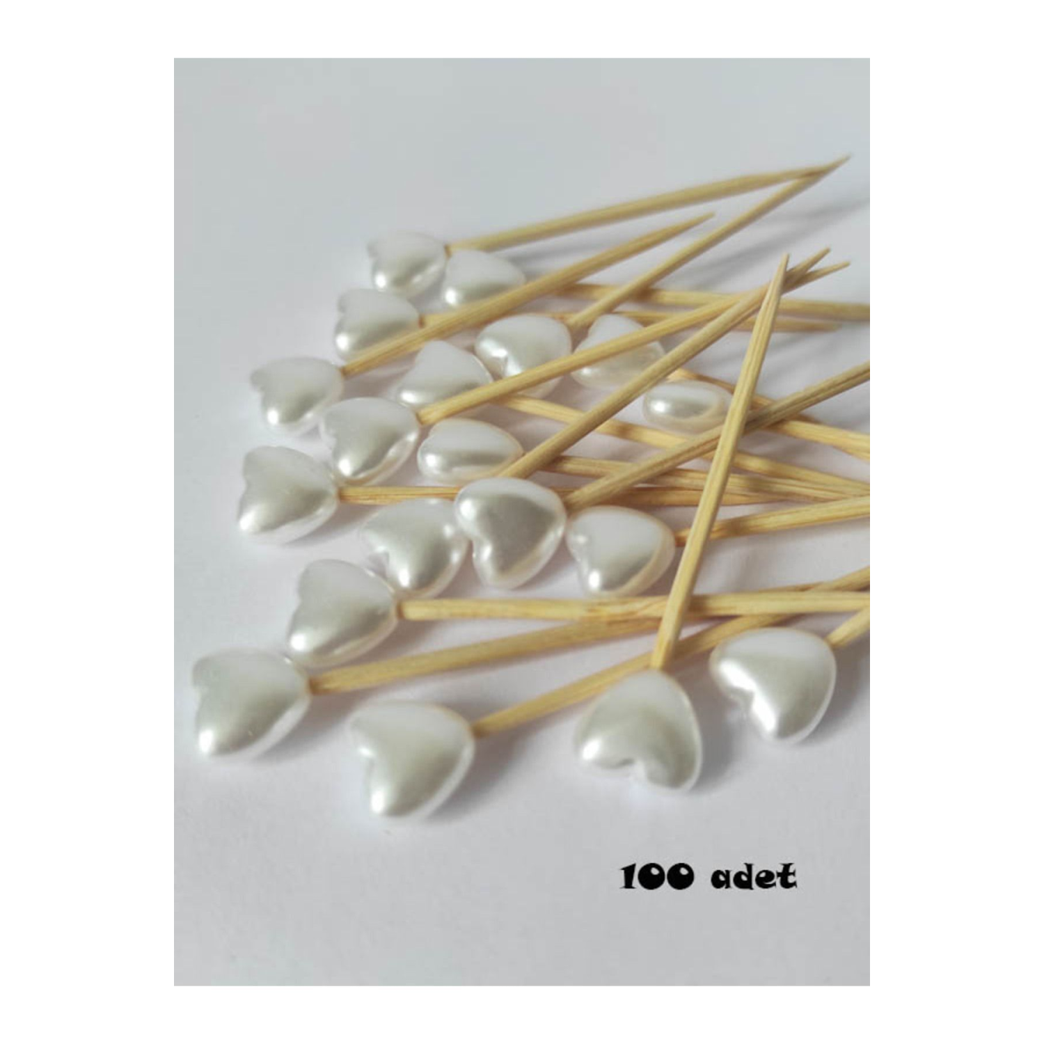 100 Adet Dekoratif Küçük Kalp Incili Kokteyl Kürdanı 6 Cm - Nişan Söz Kalp Incili Kürdan - Kalp 8 Mm