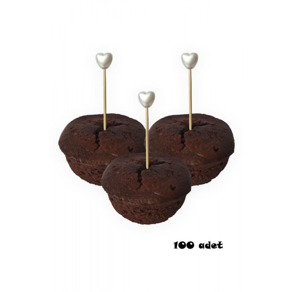 100 Adet Dekoratif Küçük Kalp Incili Kokteyl Kürdanı 6 Cm - Nişan Söz Kalp Incili Kürdan - Kalp 8 Mm