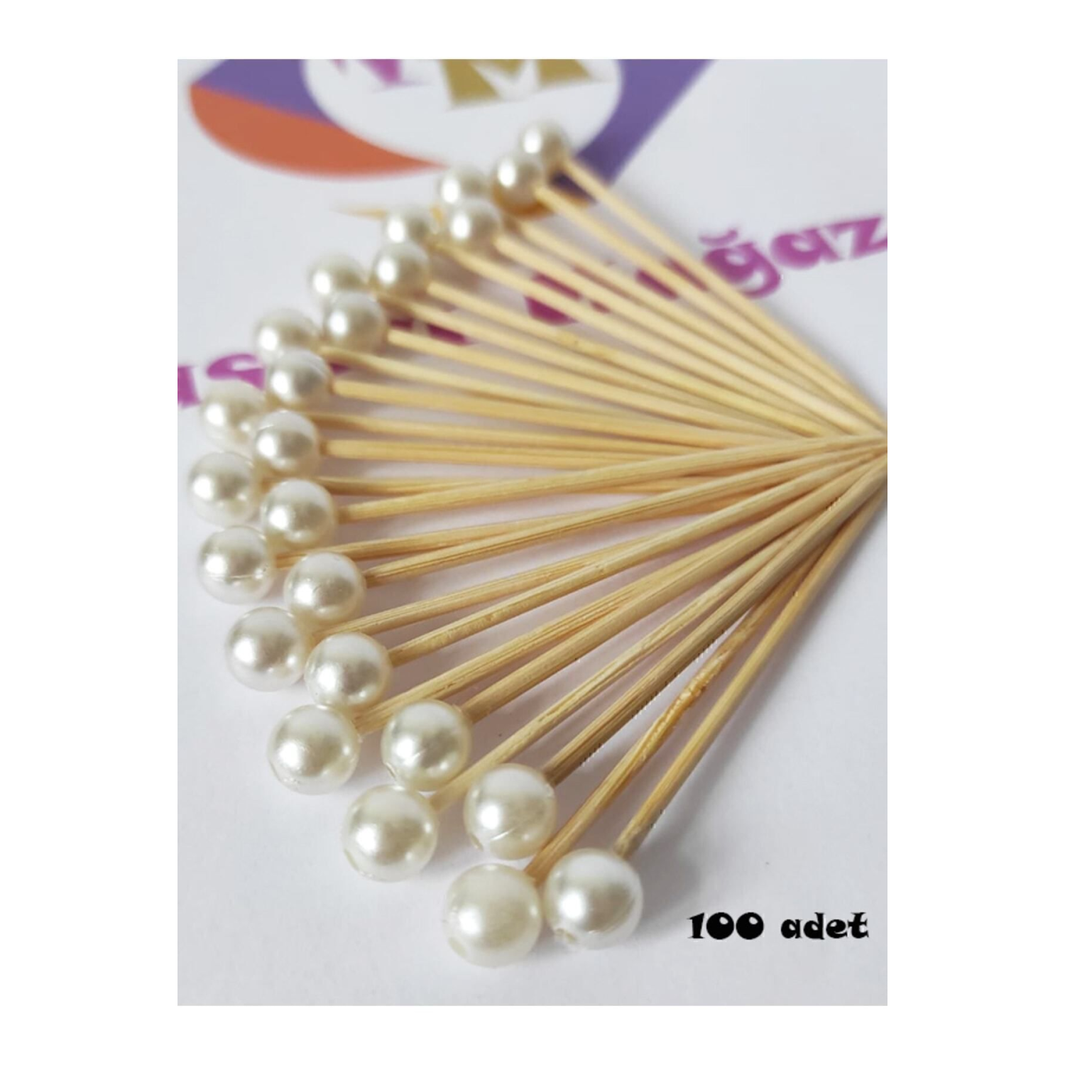 100 Adet Dekoratif Yuvarlak Inci Pasta Kürdanı 6 Cm - Inci 8 Mm - Nişan Söz Incili Kürdan