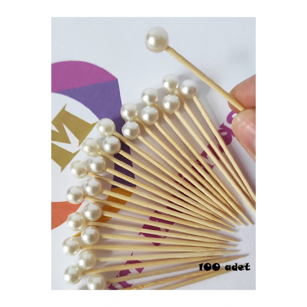 100 Adet Dekoratif Yuvarlak Inci Pasta Kürdanı 6 Cm - Inci 8 Mm - Nişan Söz Incili Kürdan