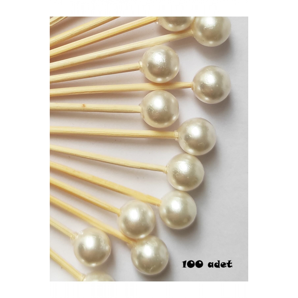 100 Adet Dekoratif Yuvarlak Inci Pasta Kürdanı 6 Cm - Inci 8 Mm - Nişan Söz Incili Kürdan