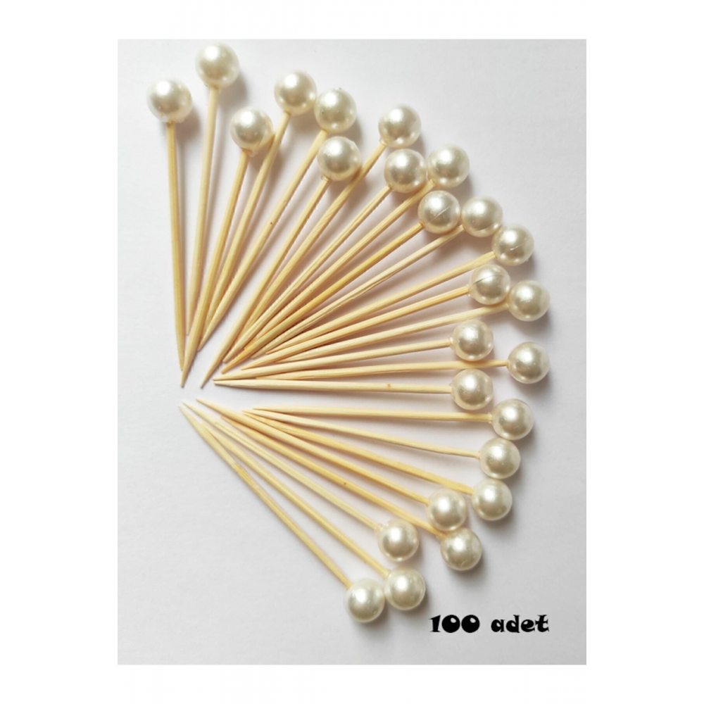 100 Adet Dekoratif Yuvarlak Inci Pasta Kürdanı 6 Cm - Inci 8 Mm - Nişan Söz Incili Kürdan