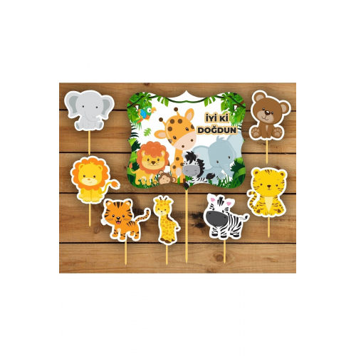 8 Adet Sevimli Hayvanlar Safari Kürdanlı Cupcake Pasta Süsü Süsleme Kalın Kağıt