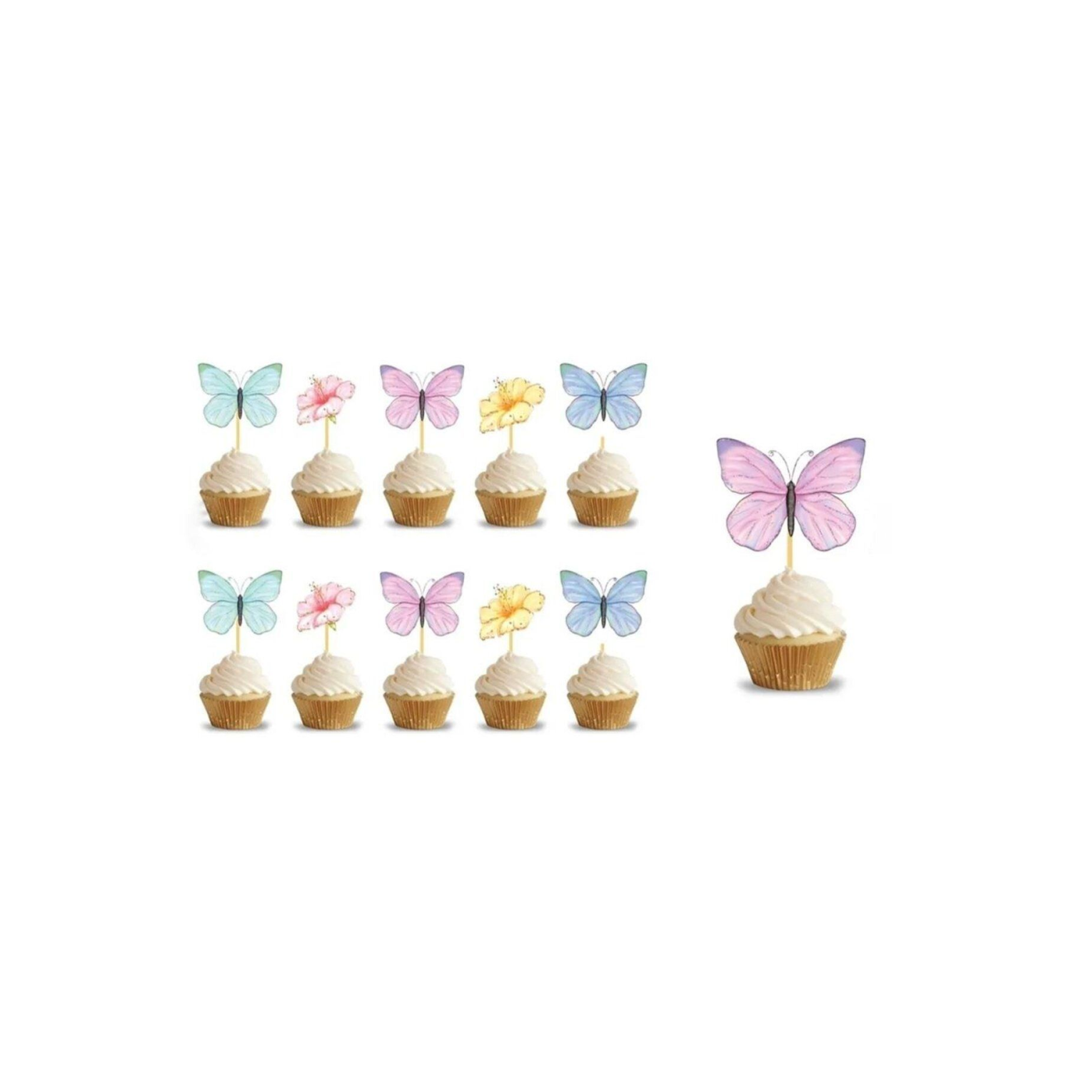 Çok Renkli Çiçek ve Kelebek Figürlü 10'lu Kürdan Pasta Süsü Set