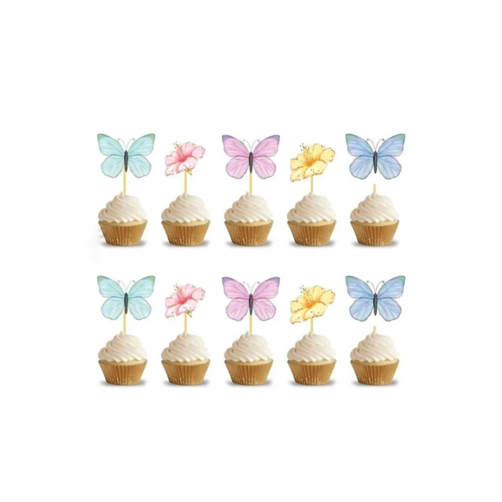 Çok Renkli Çiçek ve Kelebek Figürlü 10'lu Kürdan Pasta Süsü Set