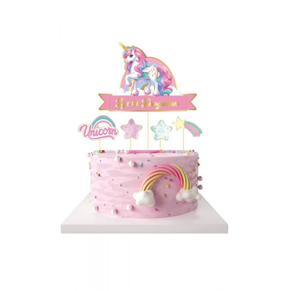 Pembe Unicorn Temalı İyi Ki Doğdun 5'li Kürdan Pasta Süsü