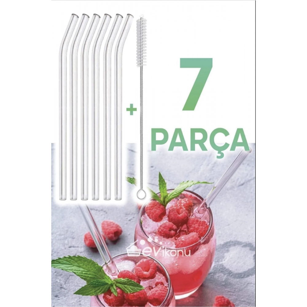 6 Parça Şeffaf Cam Eğimli Pipet Ve Temizleme Fırçası Kokteyl Sunum Pipetleri Yıkanabilir