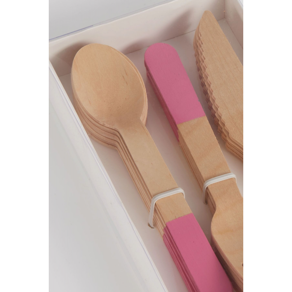 - Kullan At Tahta Çatal Kaşık Bıçak Seti Meri Meri Tarzı - Parti Seti - Pembe