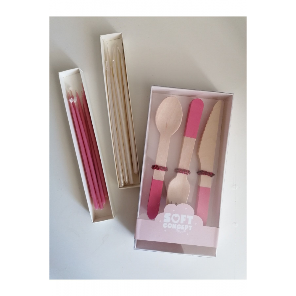- Kullan At Tahta Çatal Kaşık Bıçak Seti Meri Meri Tarzı - Parti Seti - Pembe