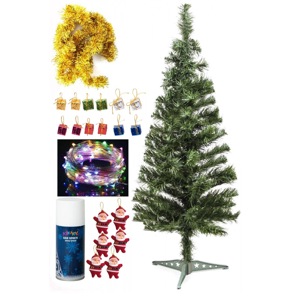 120 Cm Yılbaşı Çam Ağaç Seti 5 Metre Peri Led Işıklı Ve Yılbaşı Süsleri Paketi, Kar Spreyi
