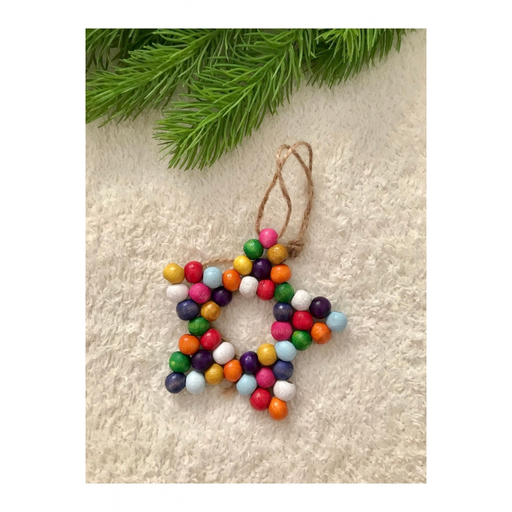 3 Adet Doğal Ahşap Boncuklu Renkli Yıldız Yılbaşı Ağaç Süsü