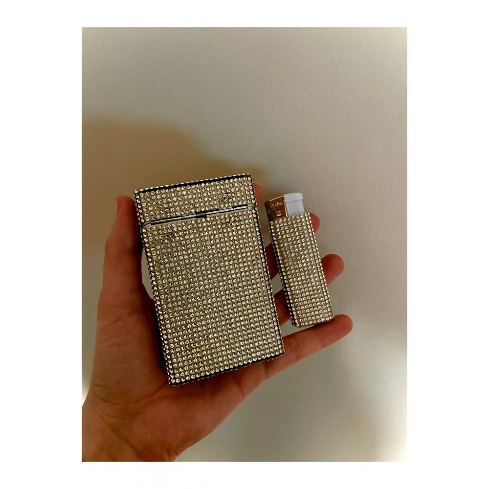 Gümüş Taşlı Kısa Kalın Sigara Kutusu Ve Çakmak Seti