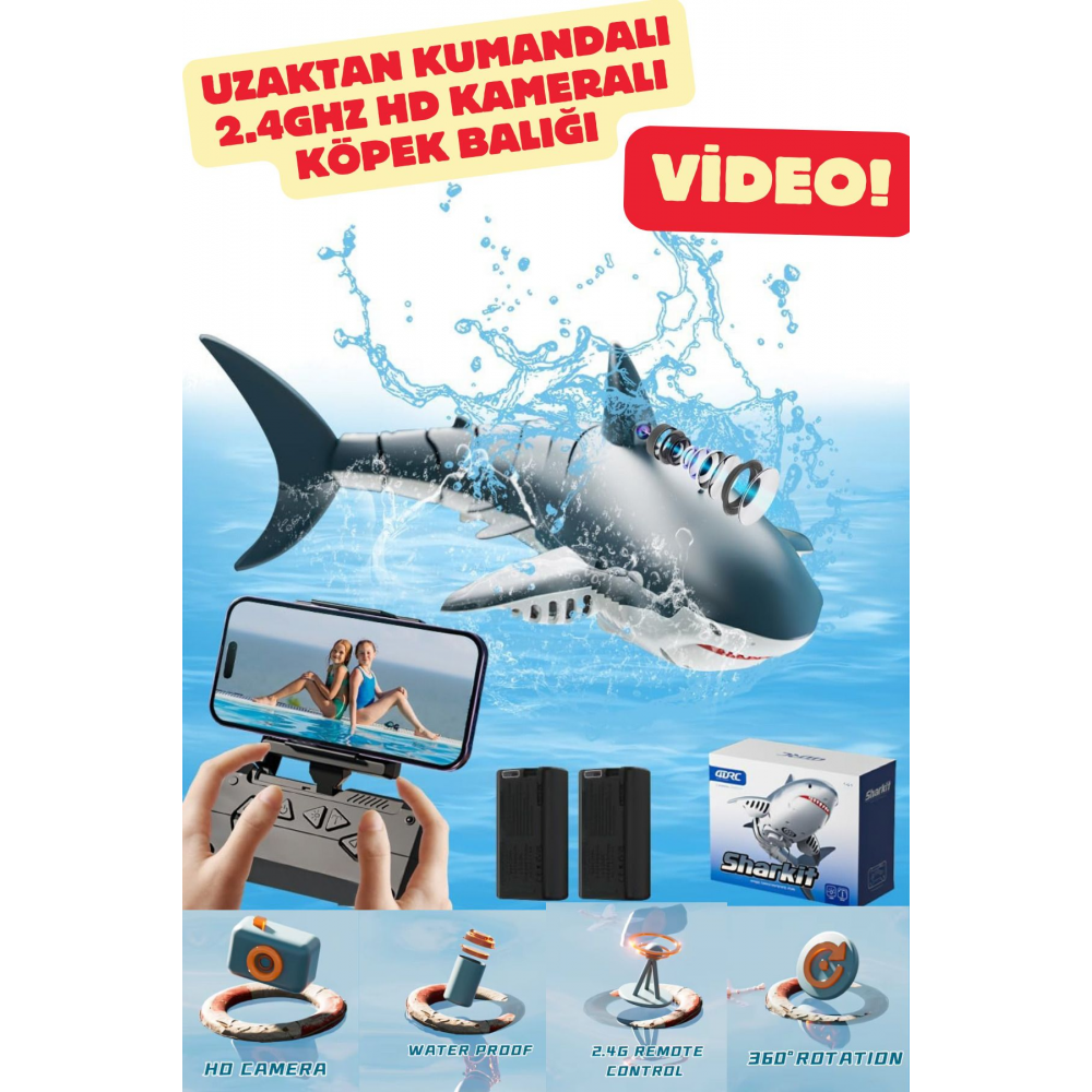 Oyuncak 2.4 Ghz Kumandalı HD Kameralı Işıklı Köpek Balığı Su Geçirmez