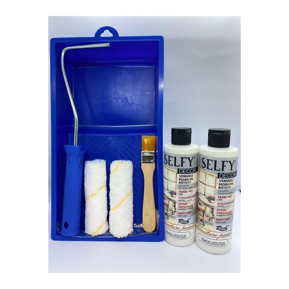 Selfy Decor Kendinden Vernikli Mobilya Boyası 240 Cc Antik Beyaz 2x + Boyama Rulo Seti