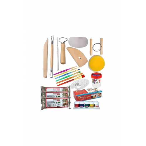 Seramik Başlangıç Boyama Seti 29 Parça Kil Hamuru Fırça Palet Akrilik Boya Modelaj Ebeşuar