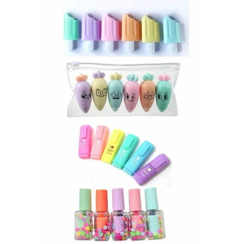 Mini 4 Parça Fosforlu Kalemler Seti - Dondurma - Sevimli Havuç - Mini Kalem - Oje Ege Fotokopi Seti