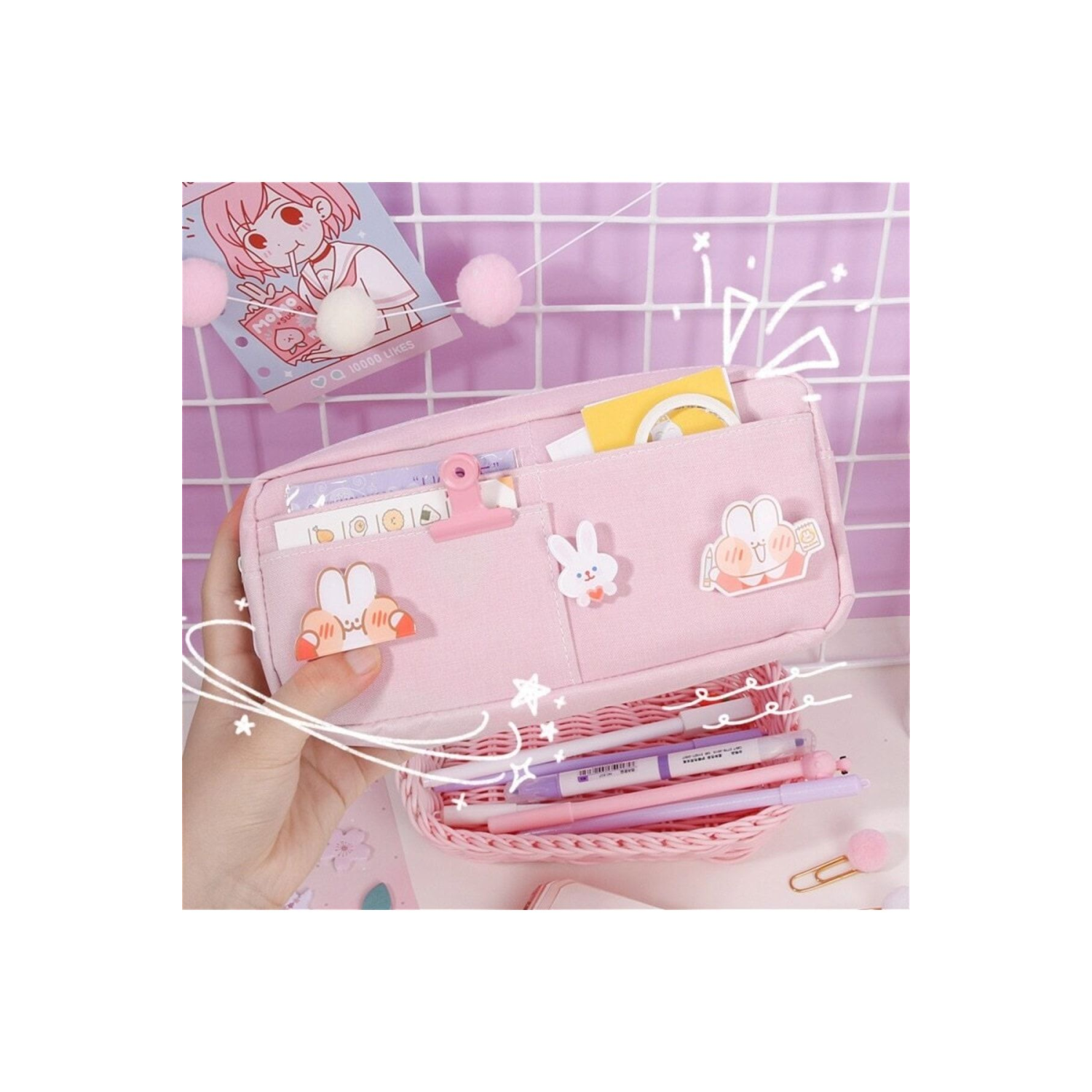 Pembe 3 Rozetli Okul Öğrenci Kalemkutu Işlevli Kırtasiye Kalem Kutu