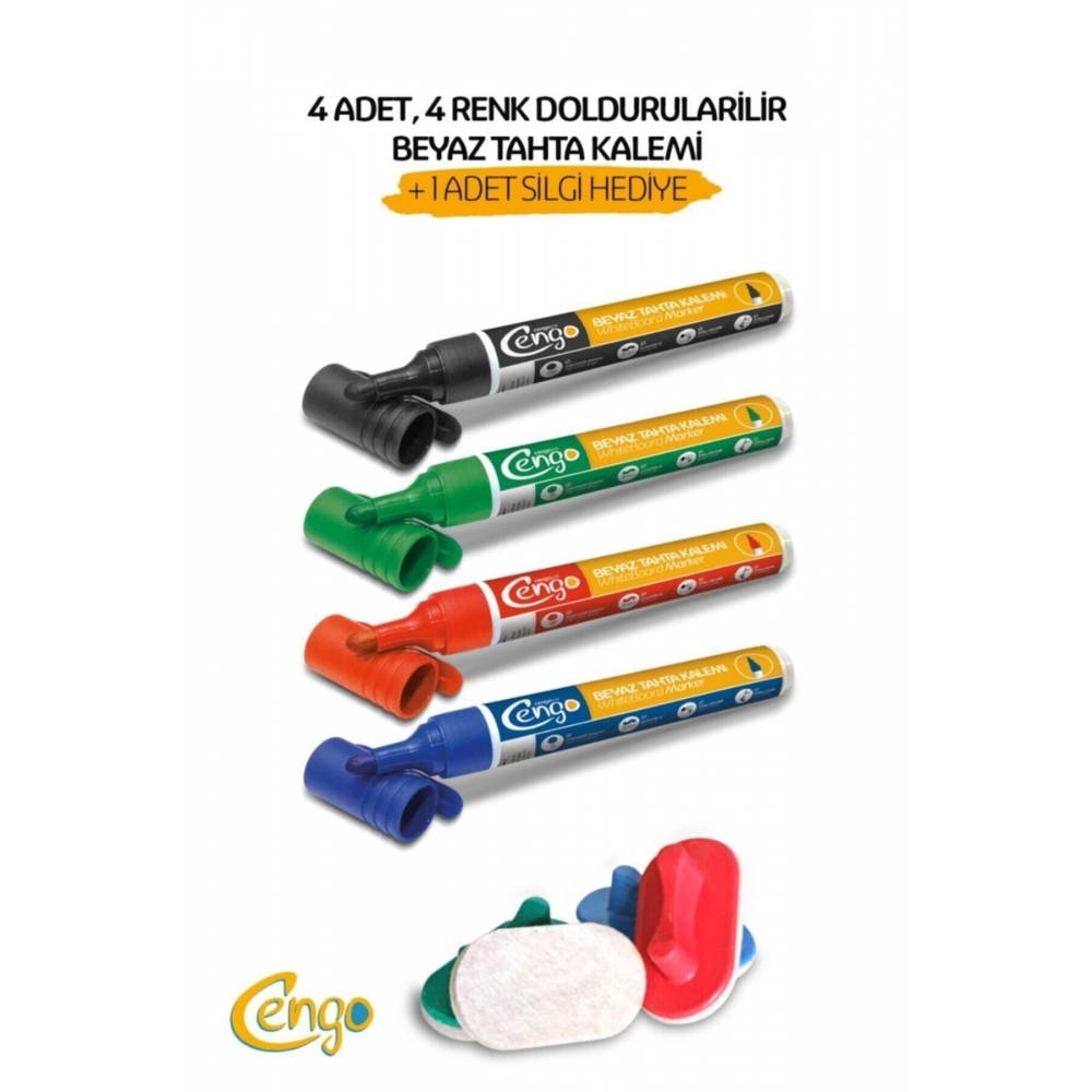 4 Adet Doldurulabilir Beyaz Tahta Kalemi + 1 Adet Beyaz Tahta Silgisi