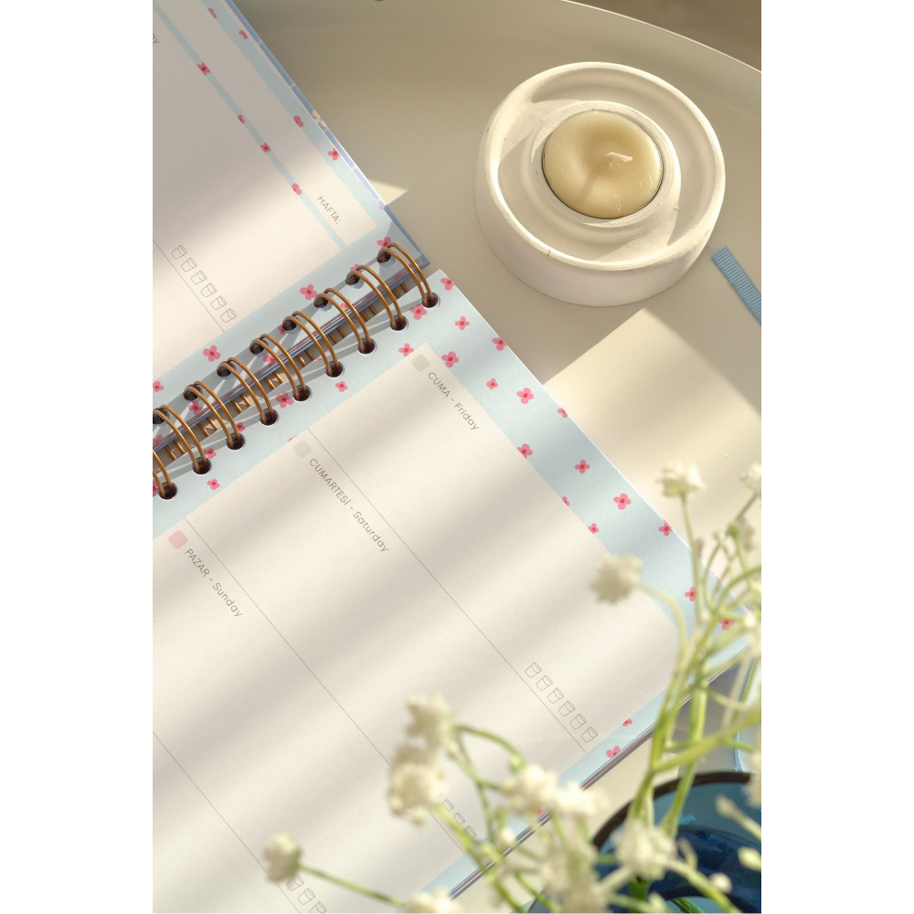 A5 Spiralli Süresiz Planlayıcı Ajanda Motivasyon Sayfalı Mavi Papatya