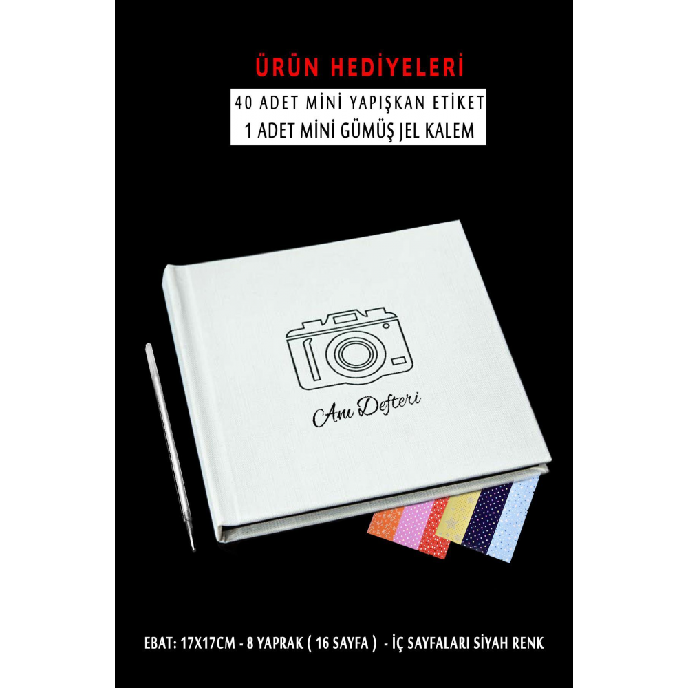 Anı Defteri - Fotoğraf Albümü - Beyaz Anı Albüm Içi Siyah - Jel Kalem Ve Stiker Hediye