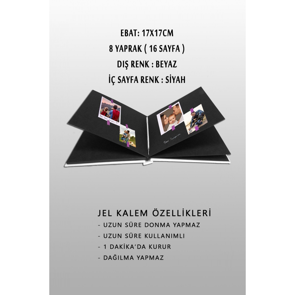 Anı Defteri - Fotoğraf Albümü - Beyaz Anı Albüm Içi Siyah - Jel Kalem Ve Stiker Hediye
