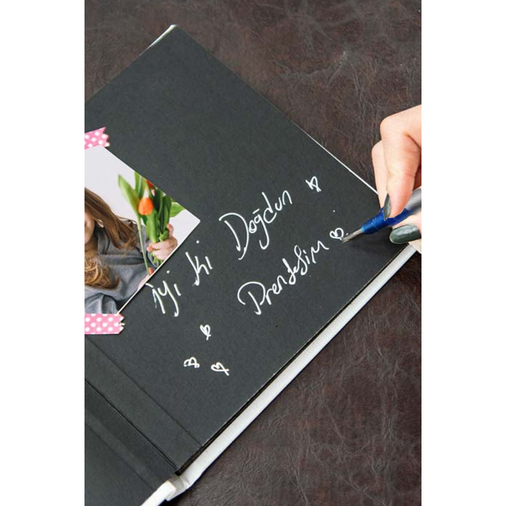 Anı Defteri - Fotoğraf Albümü - Beyaz Anı Albüm Içi Siyah - Jel Kalem Ve Stiker Hediye