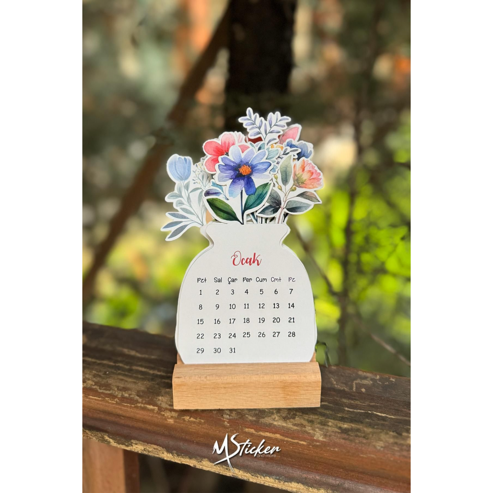 2025 Ahşap Ayaklı Çiçekli Tasarım Mini Özel Tasarım Takvim, 2025 Takvim Özel Desen Özel Kesim Hediye
