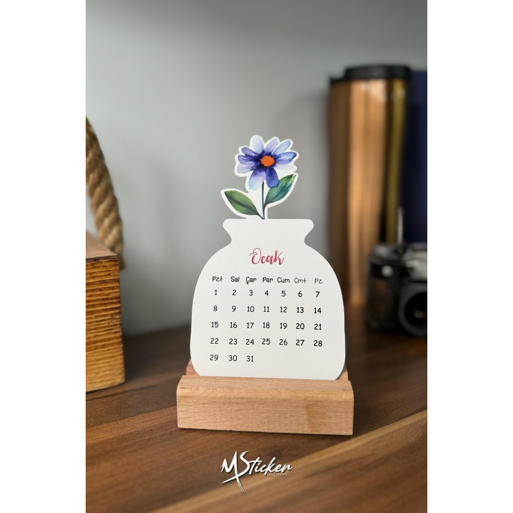 2025 Ahşap Ayaklı Çiçekli Tasarım Mini Özel Tasarım Takvim, 2025 Takvim Özel Desen Özel Kesim Hediye