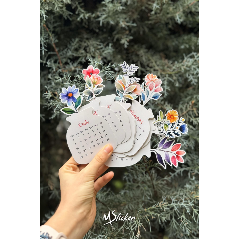 2025 Ahşap Ayaklı Çiçekli Tasarım Mini Özel Tasarım Takvim, 2025 Takvim Özel Desen Özel Kesim Hediye