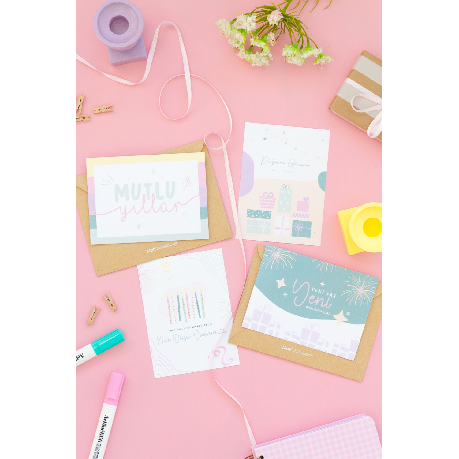 Doğum Günü Hediye Tebrik Kartı Seti - 4 Kraft Zarf + 4 Kart