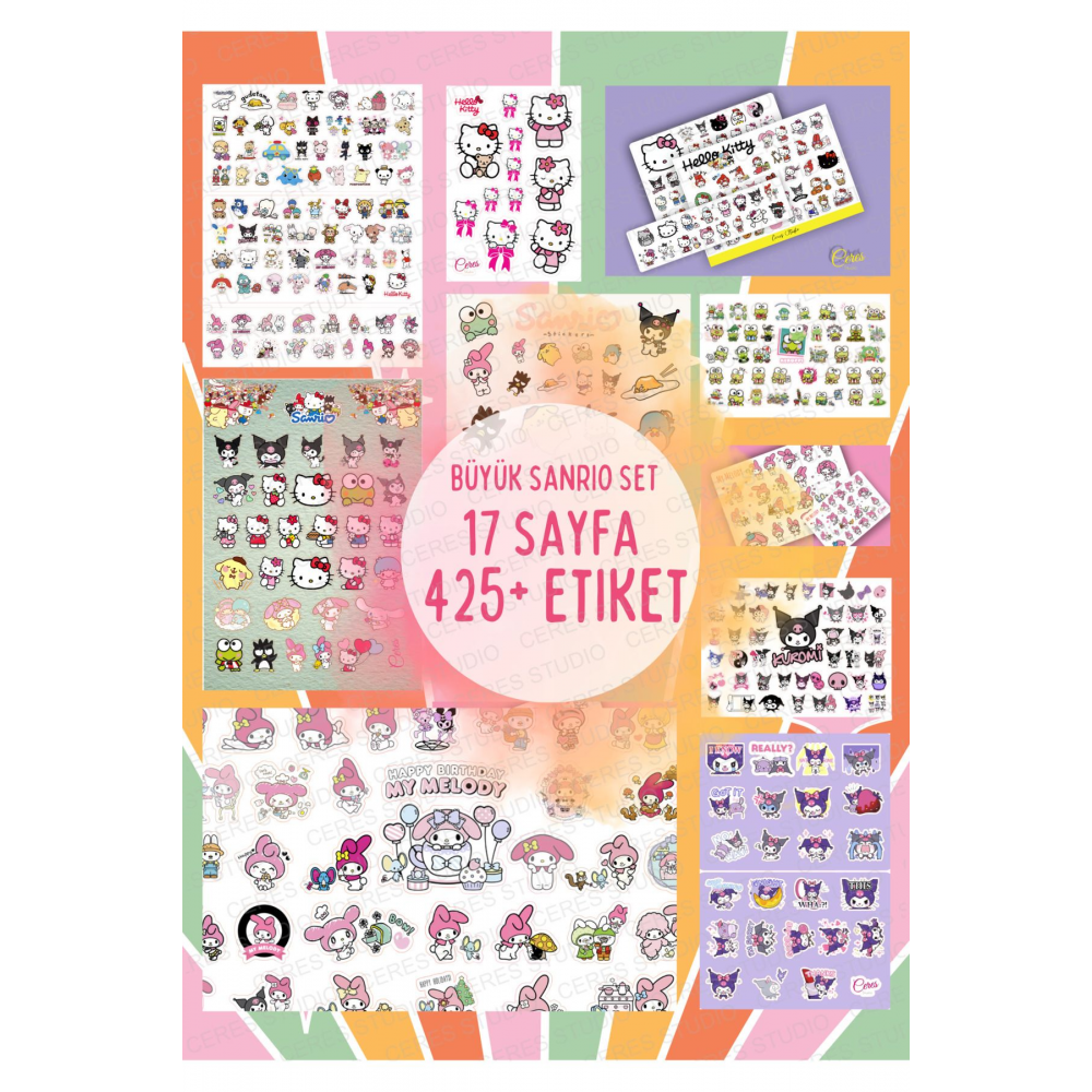 Büyük Sanrio Sticker Set Hello Kitty Kuromi 17 Sayfa 425'den Fazla Sticker Etiket
