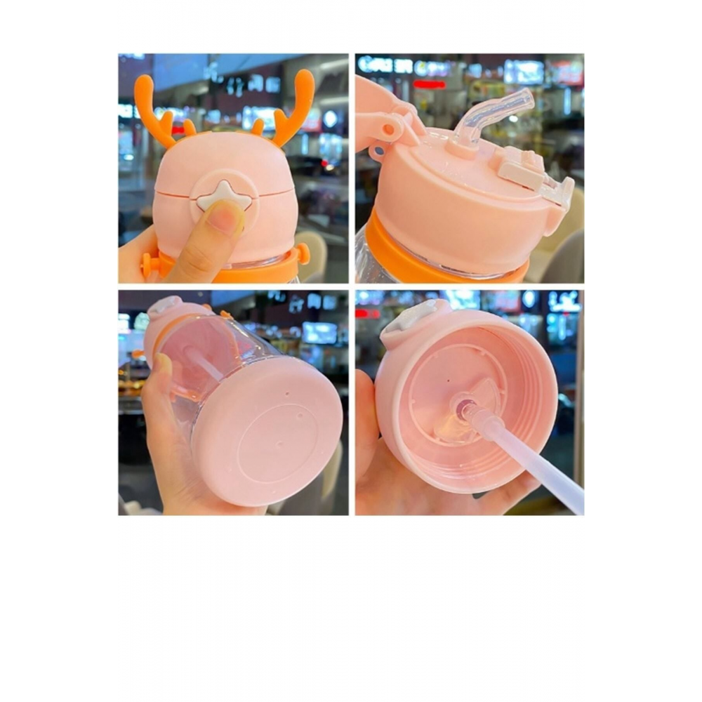 Geyikli Çocuk Suluğu Su Matarası Bpa Içermez Okul Suluğu Taşıma Pipetli Kayışlı Damlatmaz 500 Ml