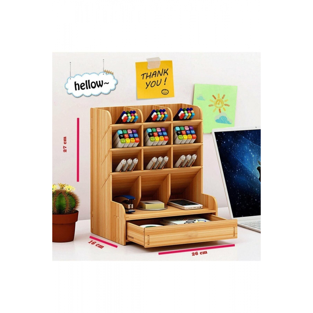 Masaüstü Çapraz 9 Bölmeli Çekmeceli Kalemlik Akçaağaç Organizer Montajlı