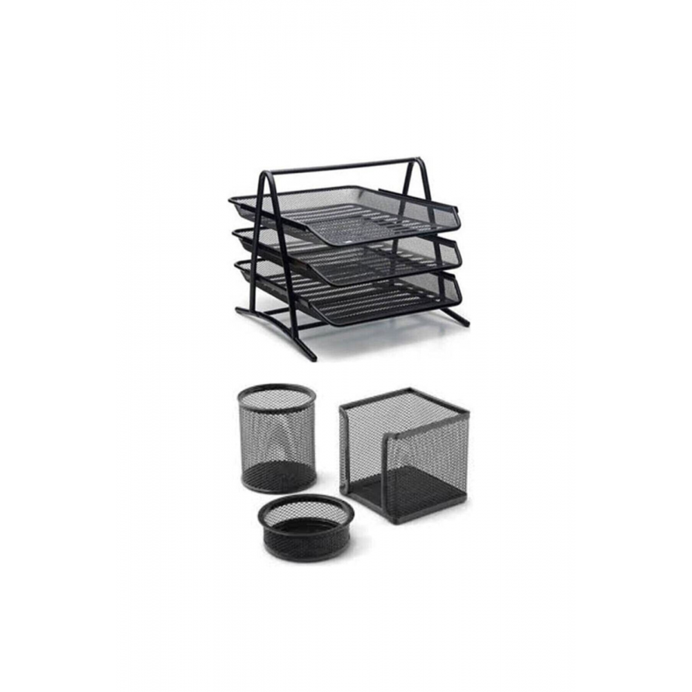 Siyah Evrak Rafı + Metal Fileli 3'lü Kalemlik Seti Fx Evrak Rafı 3lü Set