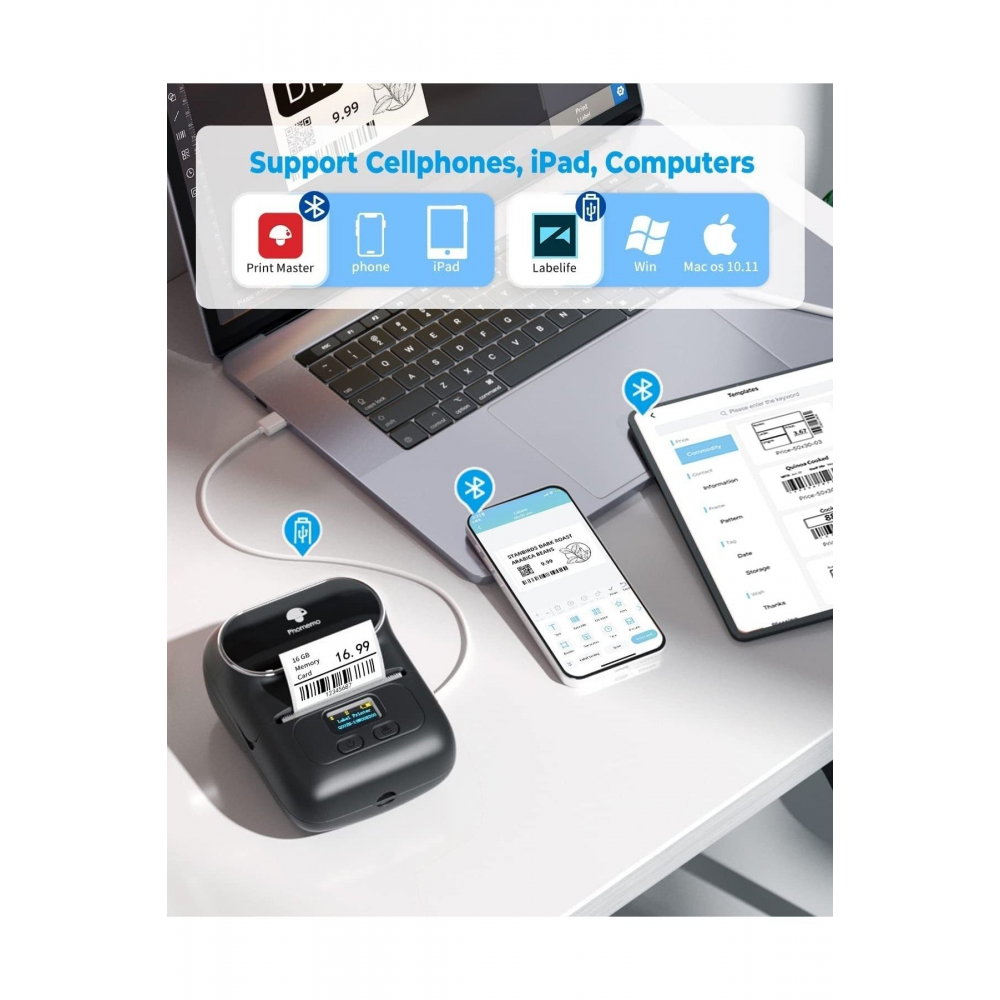 M110 Etiket Makinesi Kablosuz Taşınabilir Siyah Android/tablet pc Şarjlı Türkiye Garantili