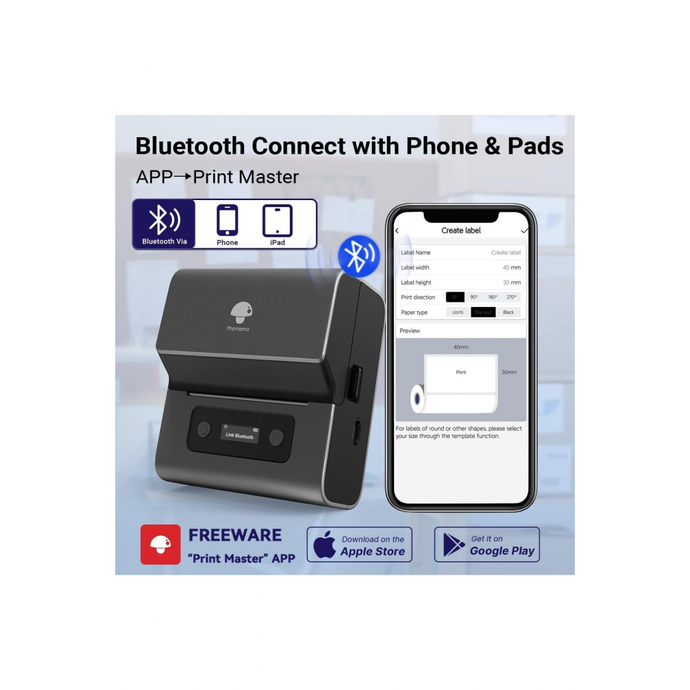 M221 Etiket Makinesi 75mm Kablosuz Taşınabilir Gri, Android, IOS ve PC, (20-75mm Baskı Genişliği)