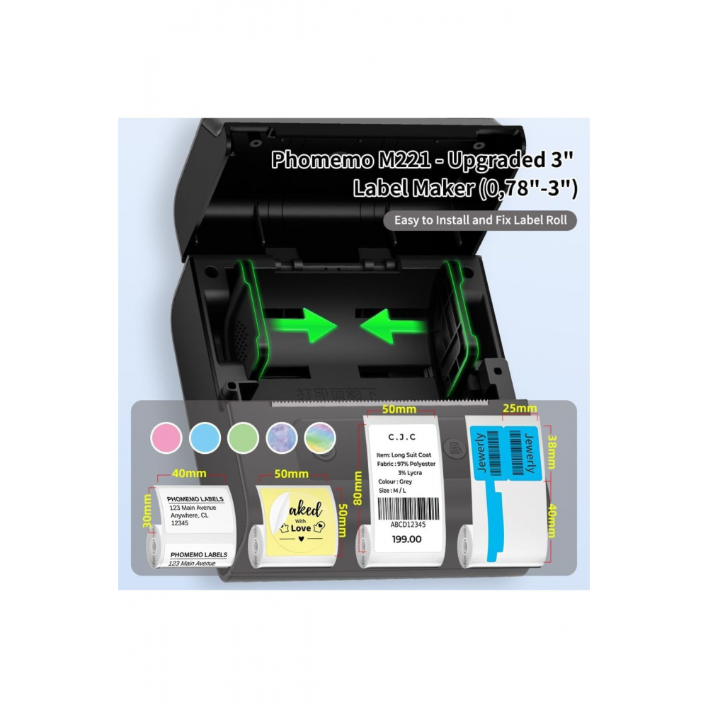 M221 Etiket Makinesi 75mm Kablosuz Taşınabilir Gri, Android, IOS ve PC, (20-75mm Baskı Genişliği)