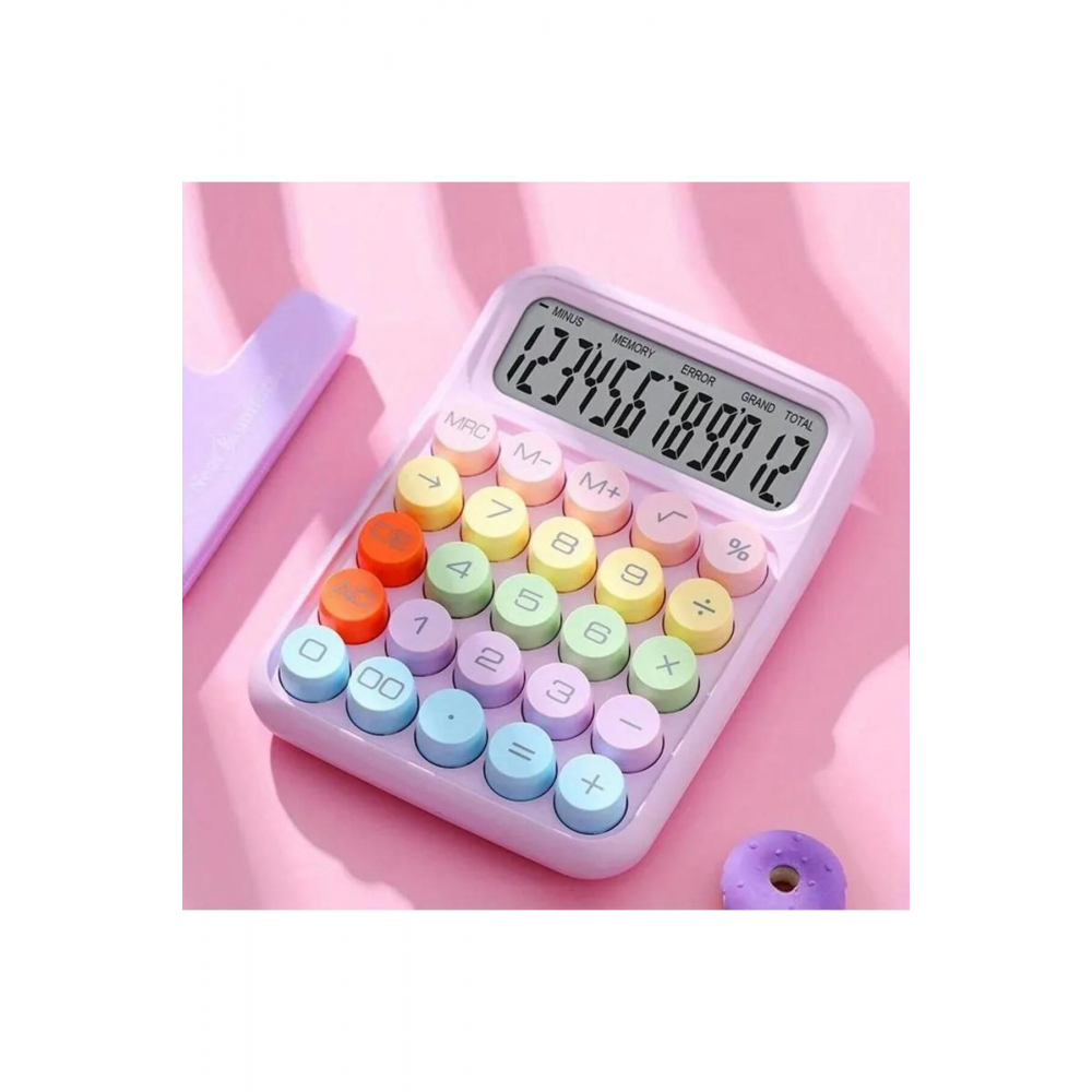 Renkli Çok Şirin 12 Hane Mekanik Hesap Makinası Büyük Ekranlı 4 Fonksiyonlu Ev Ofis Okul Mo