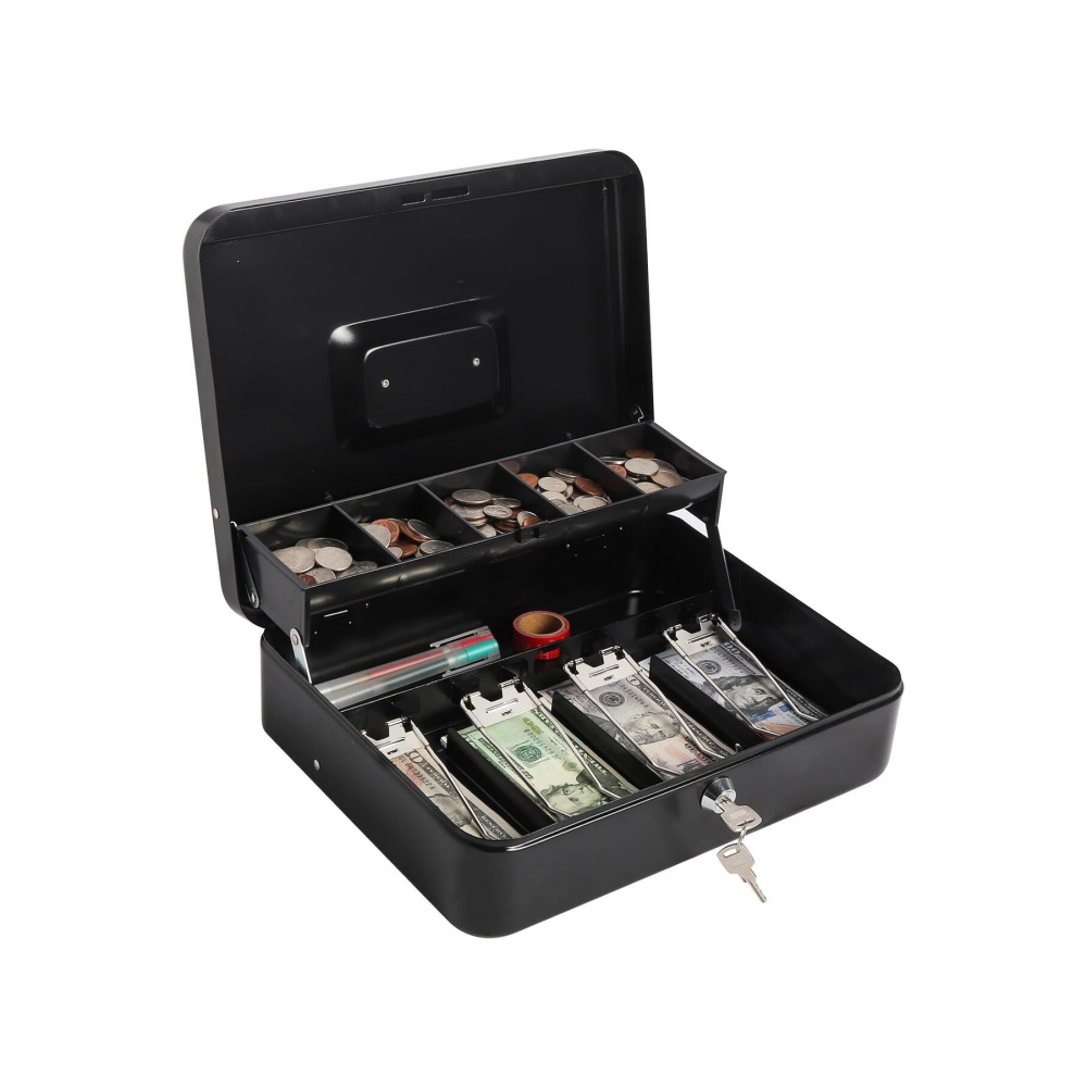 Anahtarlı Kilitli Para Kutusu Para Tepsili ve 5 Bölemeli Metal Para Saklama, Para Kutusu, Yaylı