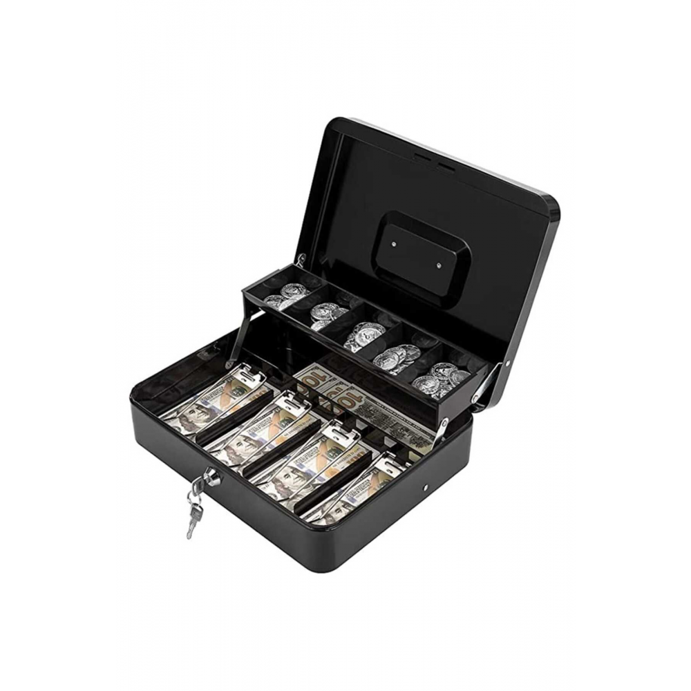 Anahtarlı Kilitli Para Kutusu Para Tepsili ve 5 Bölemeli Metal Para Saklama, Para Kutusu, Yaylı