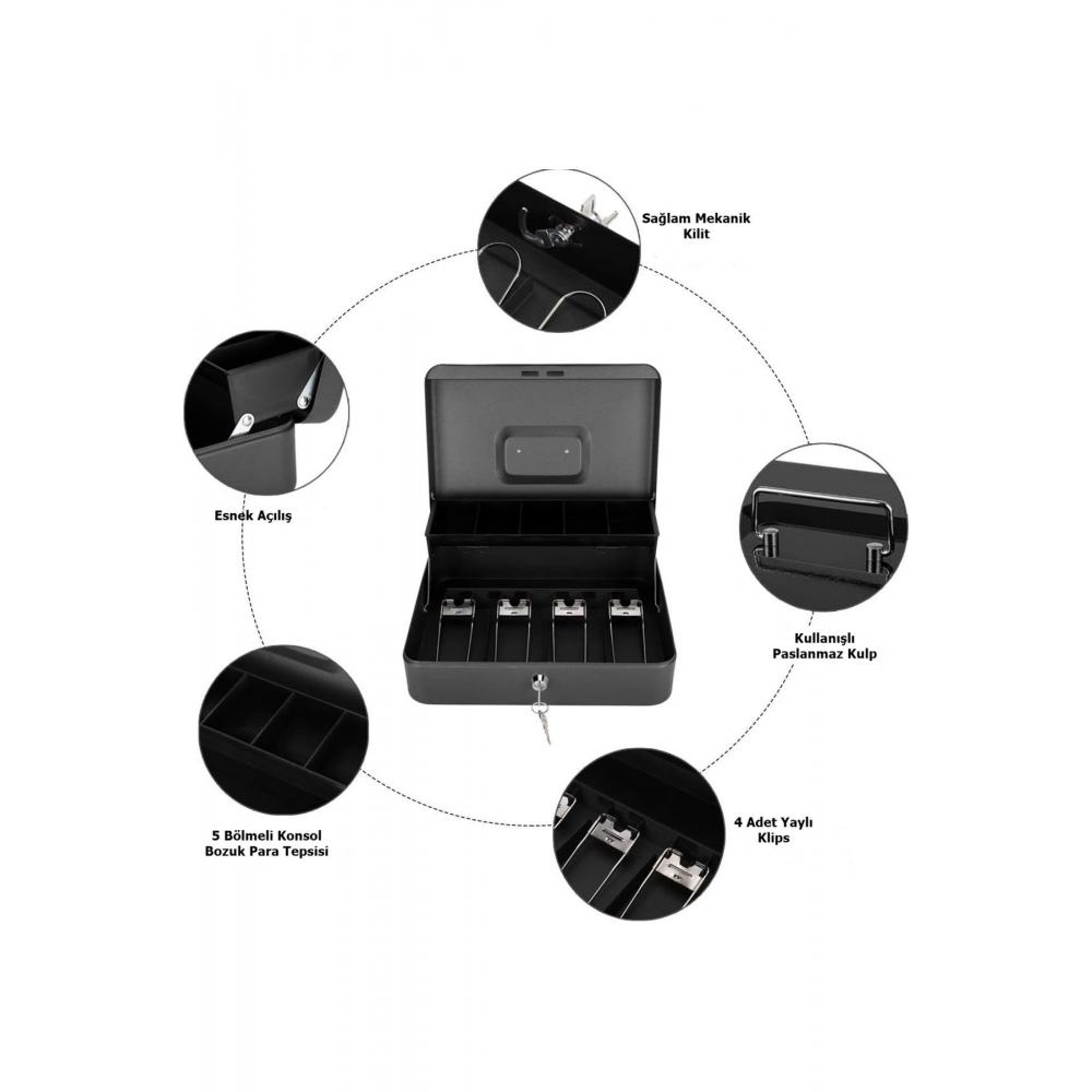 Anahtarlı Kilitli Para Kutusu Para Tepsili ve 5 Bölemeli Metal Para Saklama, Para Kutusu, Yaylı