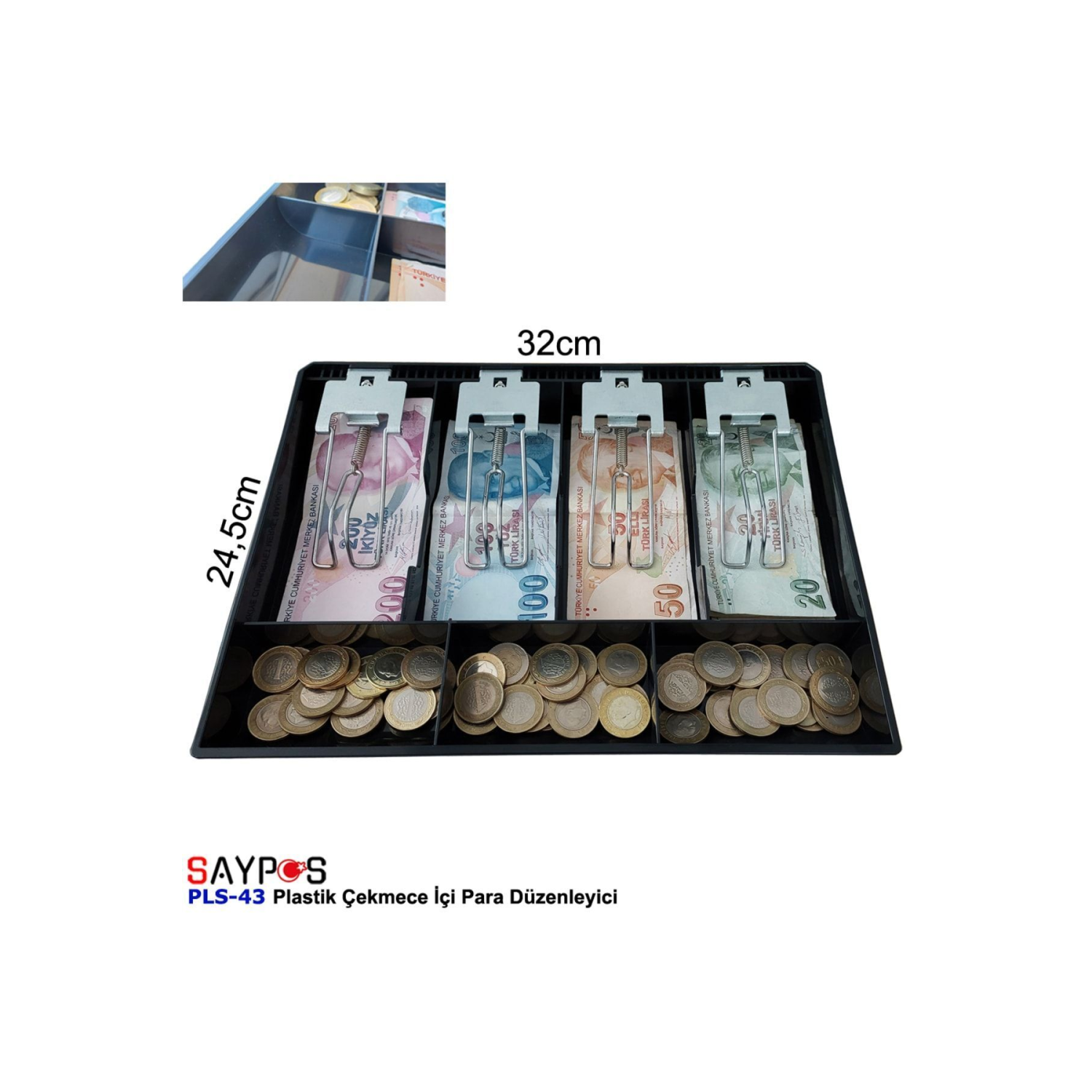 Rampalı Plastik Çekmece Içi Para Düzenleyici 4 Banknot 3 Bozuk Para Gözlü 32 X 24,5 X 3,5cm