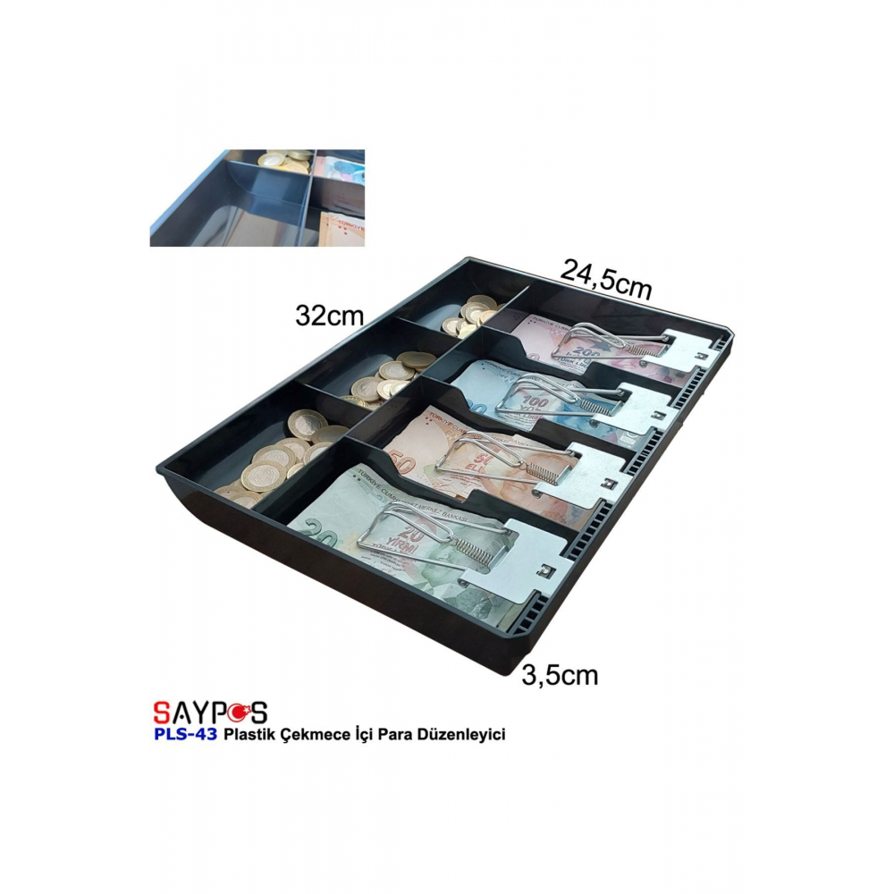 Rampalı Plastik Çekmece Içi Para Düzenleyici 4 Banknot 3 Bozuk Para Gözlü 32 X 24,5 X 3,5cm