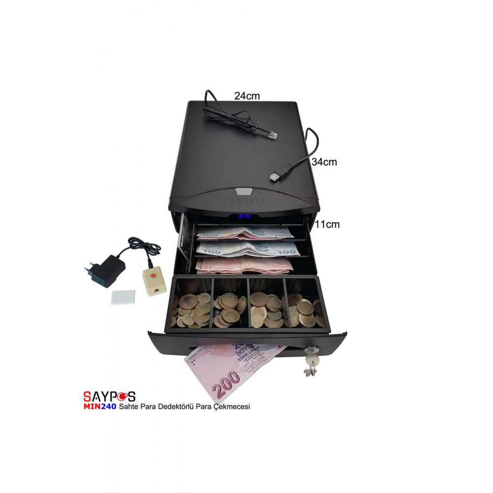 Sahte Para Dedektörlü, Buton Ve Adaptör Hediyeli Para Çekmecesi 24x34x11cm