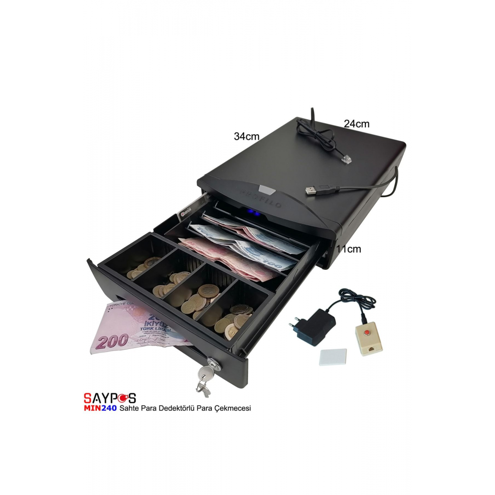 Sahte Para Dedektörlü, Buton Ve Adaptör Hediyeli Para Çekmecesi 24x34x11cm