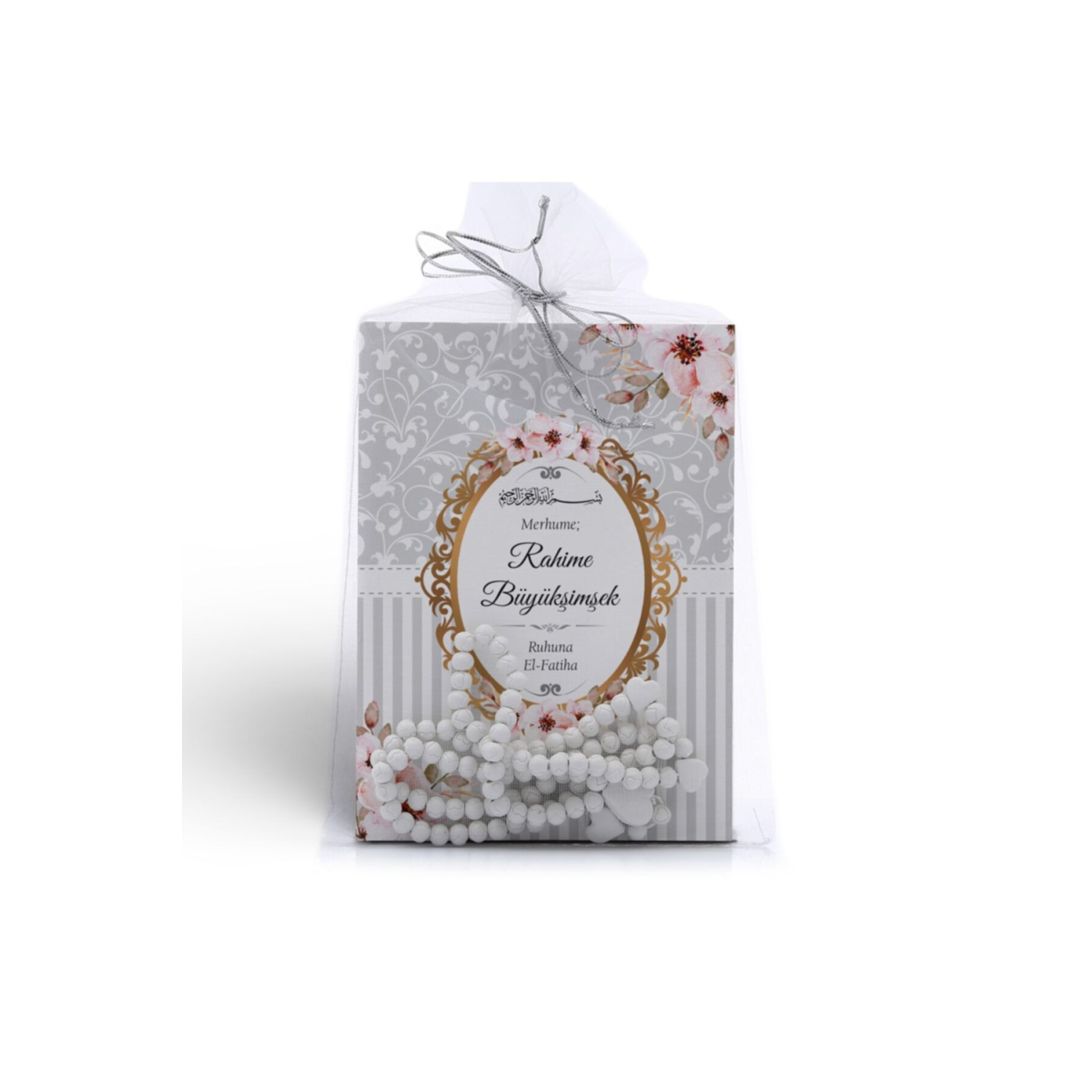 Gri Pembe Çiçek Motifli Hediyelik Tesbihli Yasin Cüzü Kitabı Mevlüt Seti - 10’lu Paket