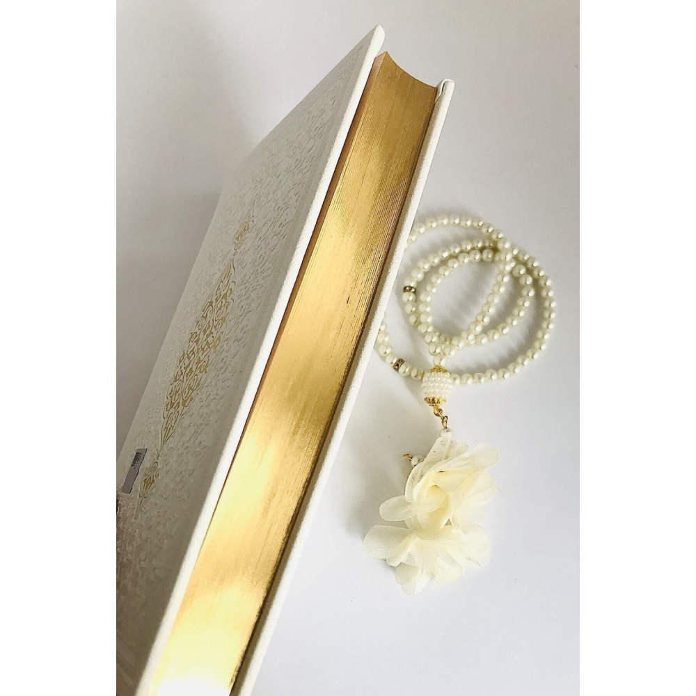 Gelin Kuran'ı Kerim'i.hafız Boy(14 X 20) Termo Deri Beyaz Kuran-ı Kerim,inci Tesbih.